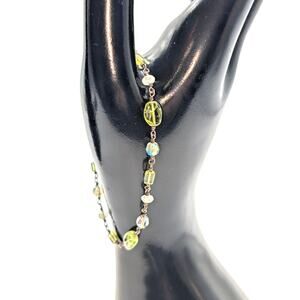 Vintage Peridot Quartz Glass Bead 925 Sterling Chain 7.25" Bracelet
